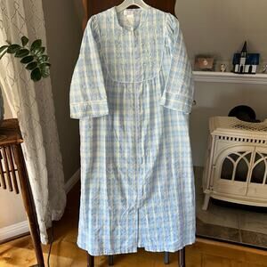 Collette Miss Elaine Long Seersucker Zipper Robe Gown Round Yoke Pockets Blue L